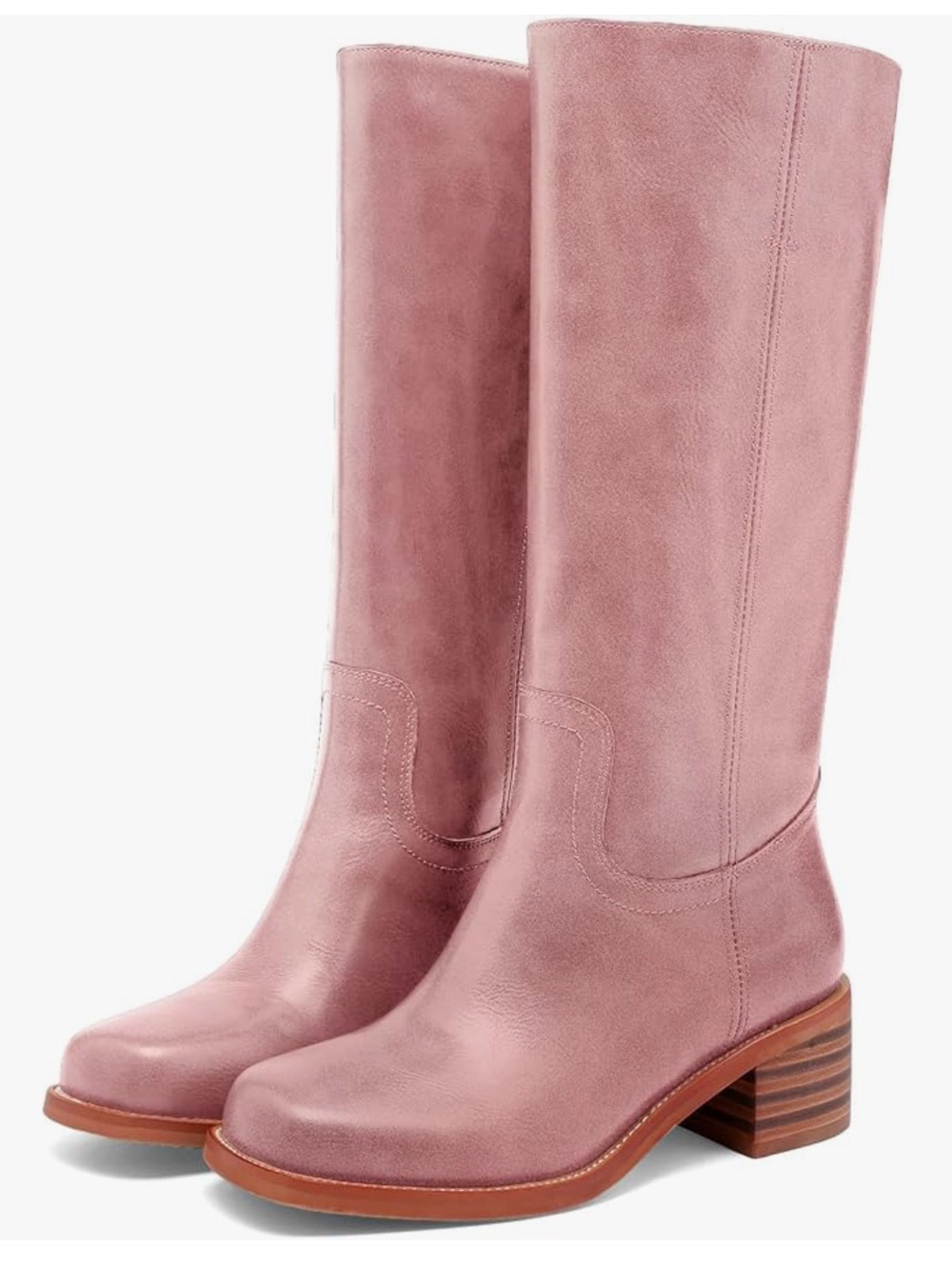 Pink Leather Mid-Calf Block Heel Boots
